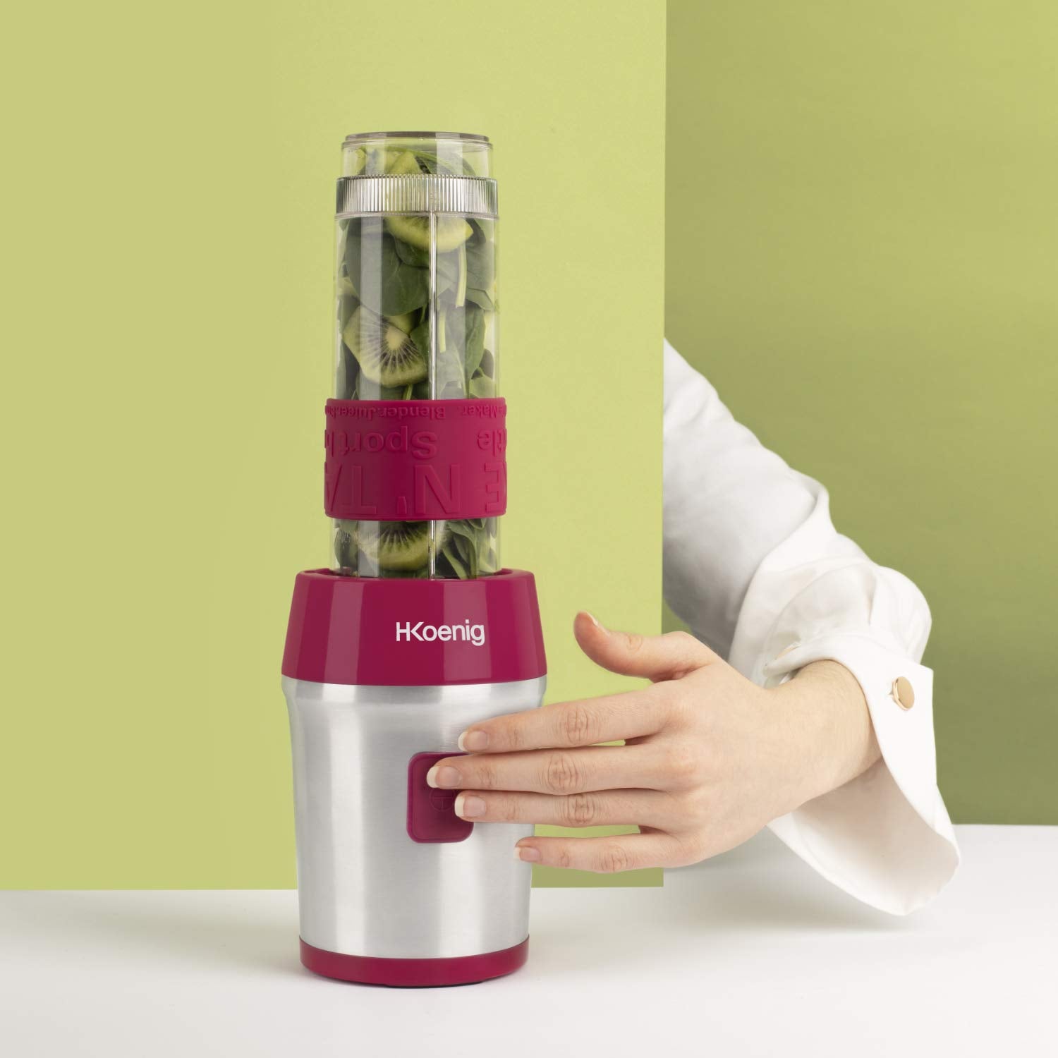 Mini blender - H.Koenig - SMOO10 - 300 W - 570 mL - Framboise - 2 gourdes incluses - 8