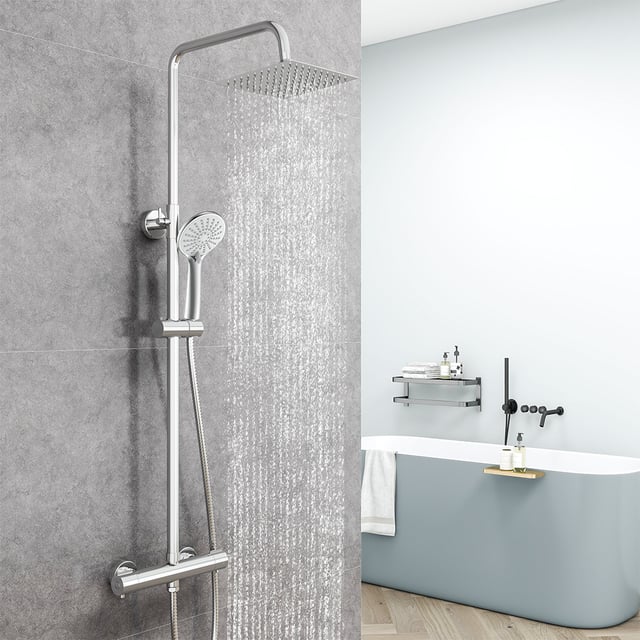 AICA Colonna Doccia con Miscelatore Termostatico, Soffione Doccia Quadrato in Acciaio Inox 20x20cm, Doccetta Tonda da 108mm, Altezza Regolabile,Cromo