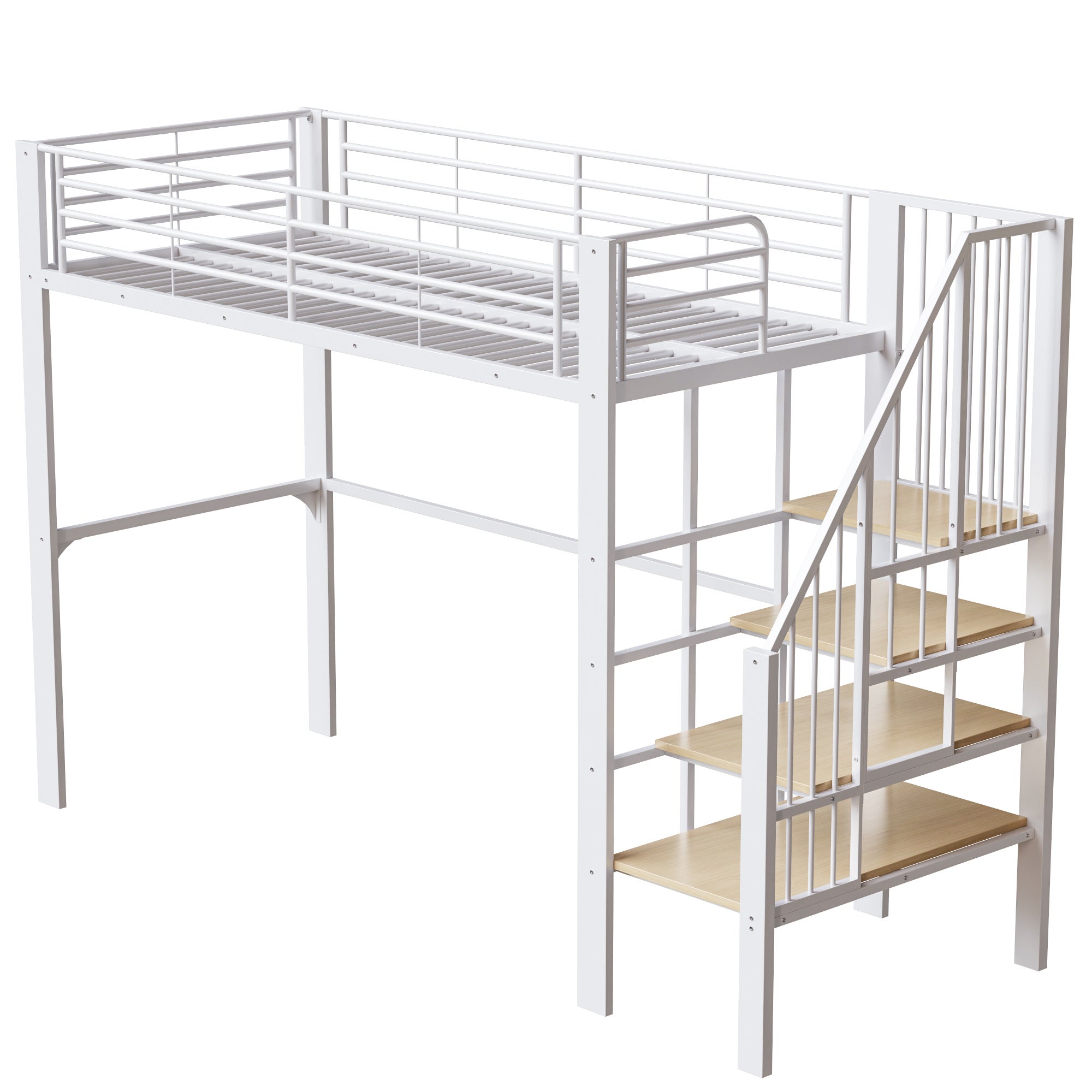 Lit mezzanine en métal 90 x 200 cm, lit d'enfant avec escalier, lit superposé avec sommier à lattes pour adulte et enfant, blanc (sans matelas) - 5