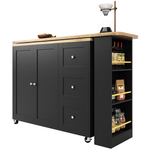 Mesa de bar giratoria de 360° (135-203 x 39 x 106 cm) con ruedas, color negro, incluye soporte para aperitivos, isla de almacenamiento multifuncional