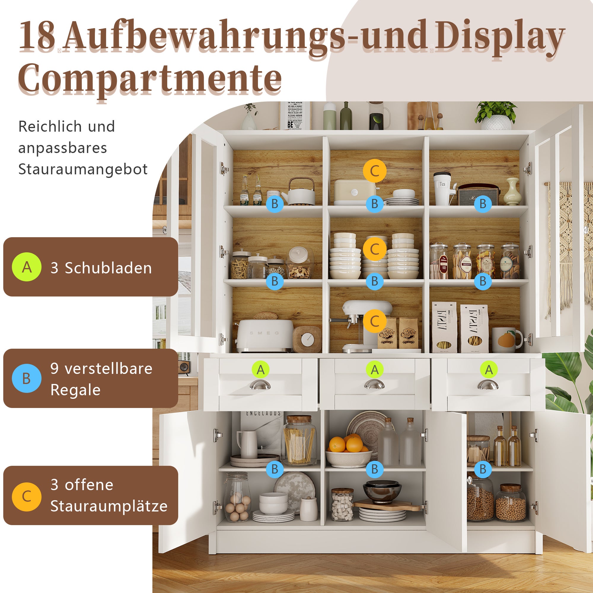 Credenza da cucina con 5 ante, 3 cassetti e ripiani portaoggetti, vetrina - 140 x 38,5 x 175 cm - MDF - Bianco + naturale - 8