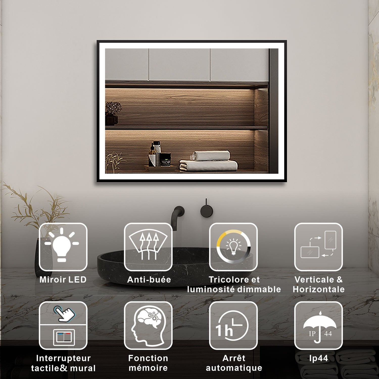 AICA Miroir lumineux 70 x 50cm avec 3 couleurs + dimmable + anti-buée + mémoire, miroir salle de bain - 2