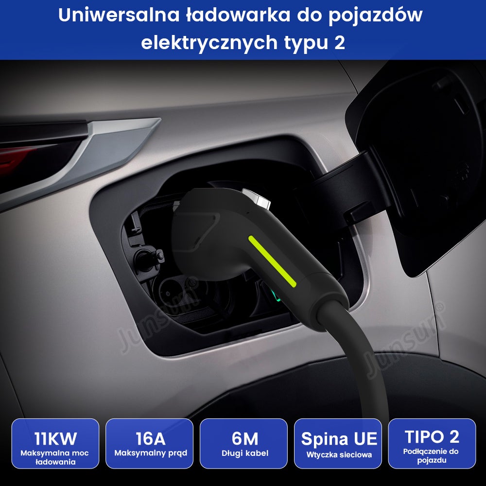 Przenośna Ładowarka EV JUNSUN 11kW | Typ 2 | Kabel 6m | IP67 | Regulacja 6-16A - 8