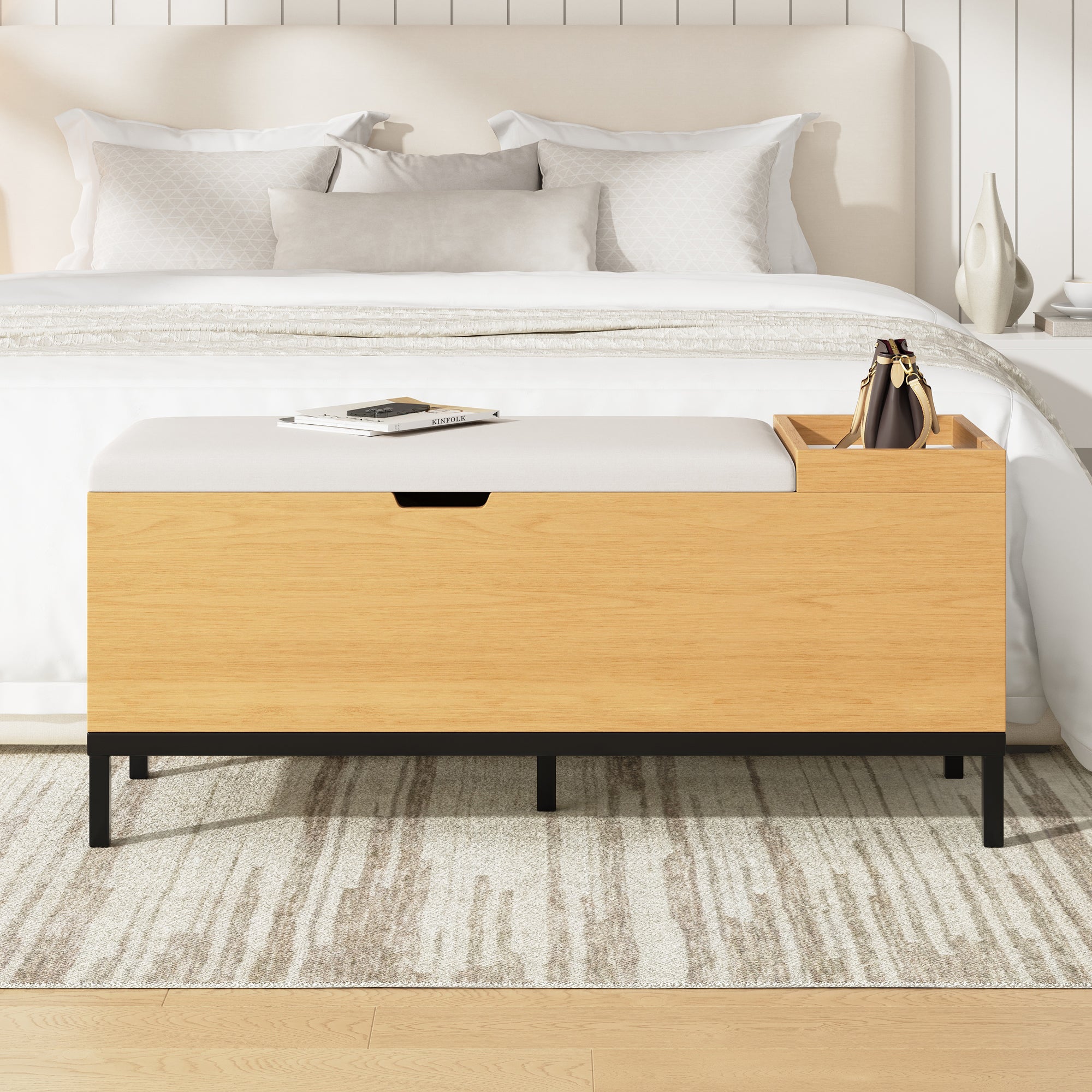 Banc à chaussures avec espace de rangement et coussin - 115 x 49.5 x 40 cm - MDF - Naturel - 4