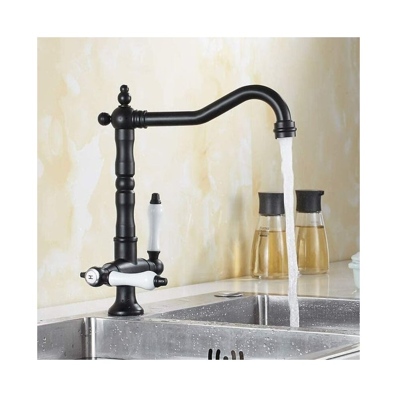 Bateria kuchenna w stylu vintage, bateria zlewozmywakowa retro, 2 uchwyty, regulowana, ciepła i zimna woda, obrotowa o 360°, czarna