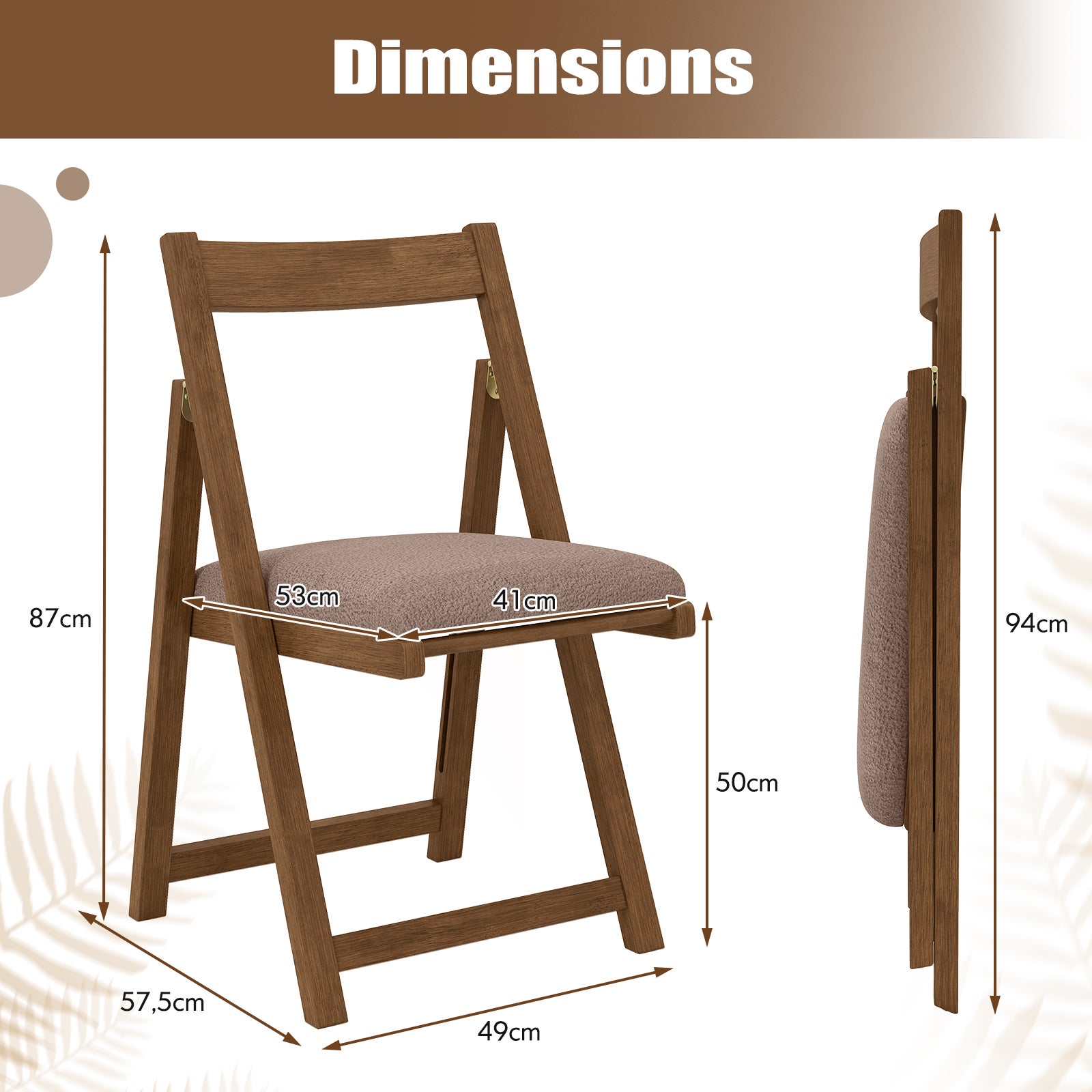 Lot de 2 Chaise Pliante avec Dossier Courbé, Chaises de Salle à Manger Rembourrées, Structure en Bois de Caoutchouc, pour Salon, Charge 150 kg, Café - 5