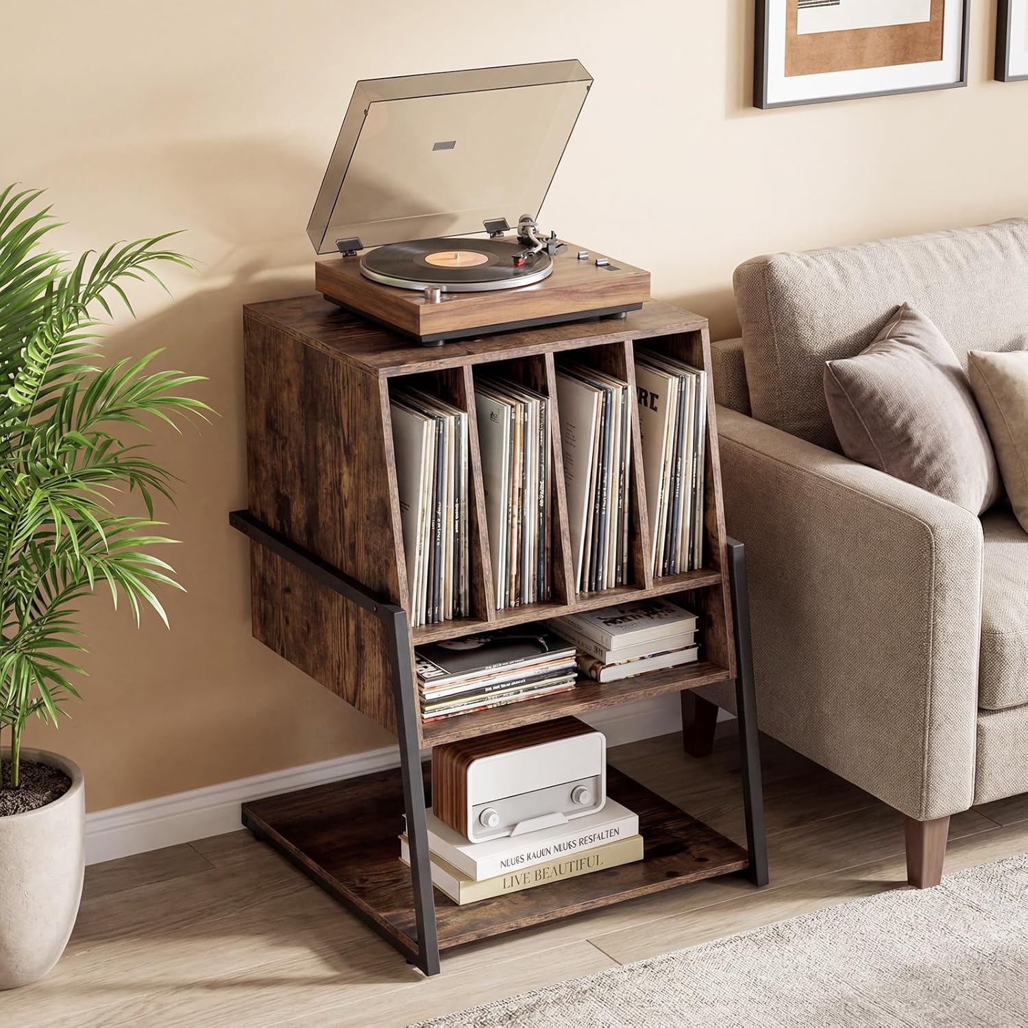Meuble Platine Vinyle avec Prise jusqu'à 180 Vinyle, 4 roulettes, Étagères, 5 Compartiments, Support Tourne Disque pour CD, DVD, Manga, Livres, Marron - 8