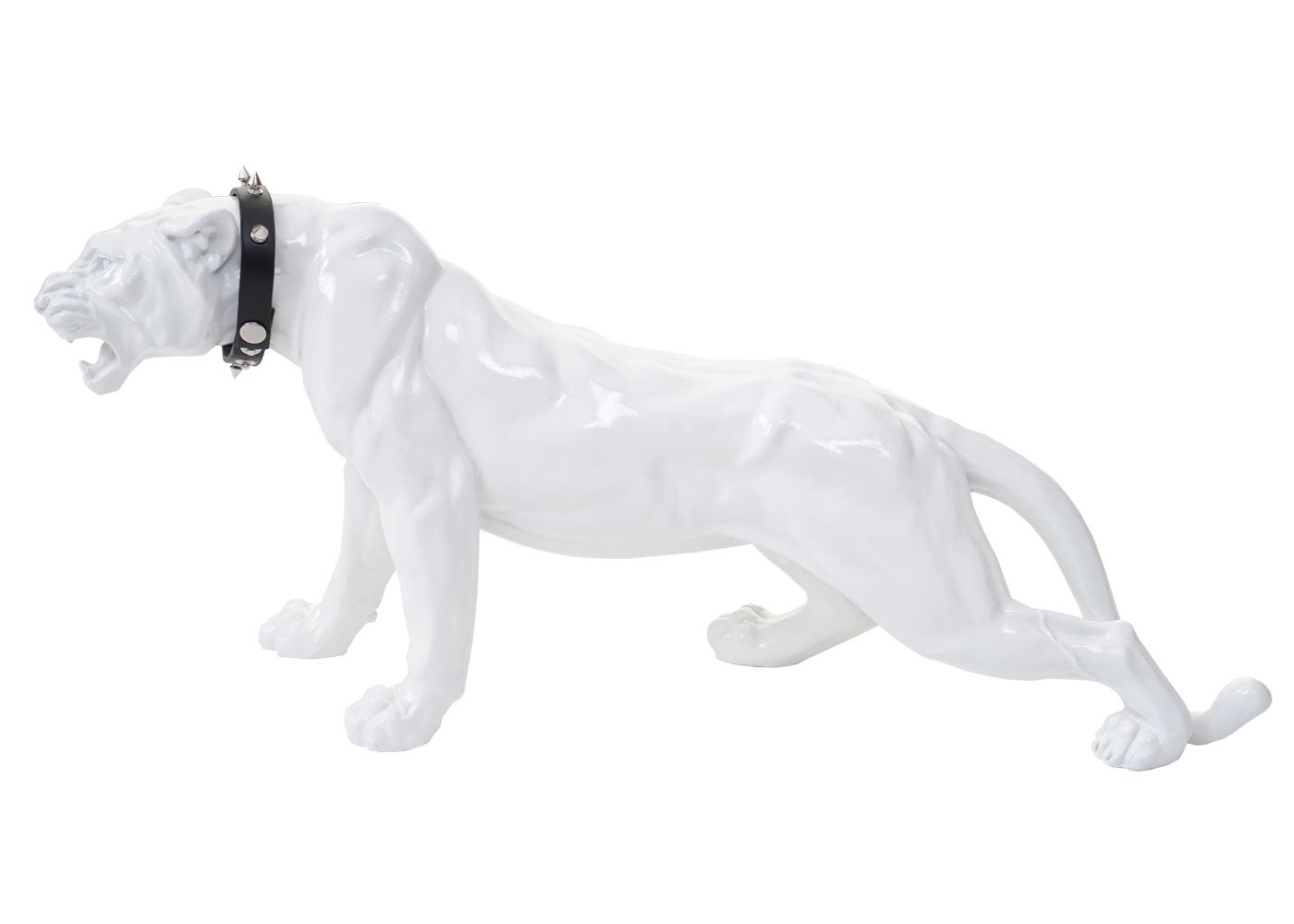 Figura decorativa leopardo 59cm, escultura de poliresina pantera, interior/exterior ~ blanco alto brillo con collar