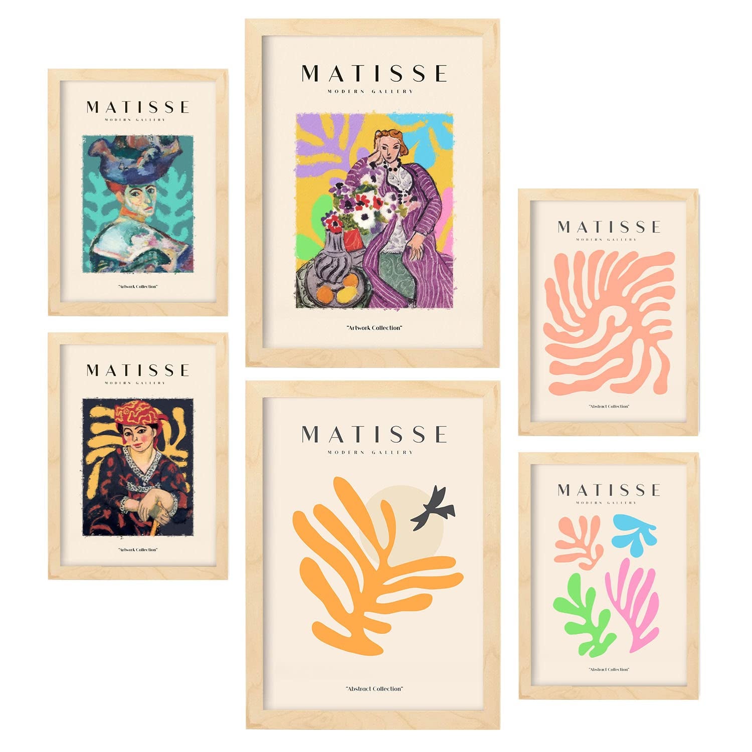 Nacnic set de 6 posters de henri matisse femenino láminas de fauvismo y arte abstracto para el diseño y tamaños a3 & a4 marcos color madera