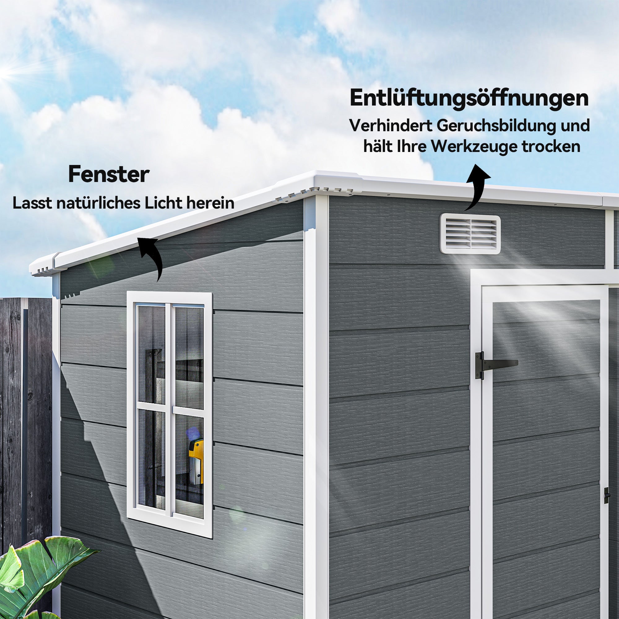 Cabanon jardin 2,4x1,3 m plastique sol fenêtre portes verrouillables jardin terrasse gris - 9
