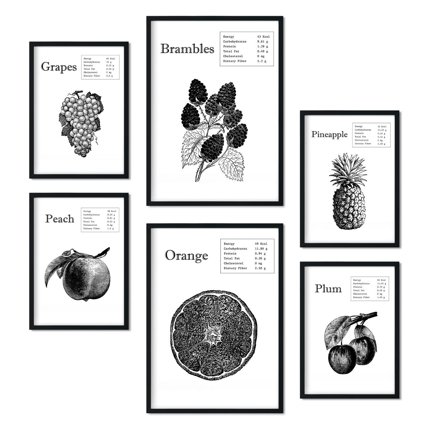 Set de 6 pósteres de frutas. coleccion de láminas con estetica collage para la tamanos a3 y a4 sin marco