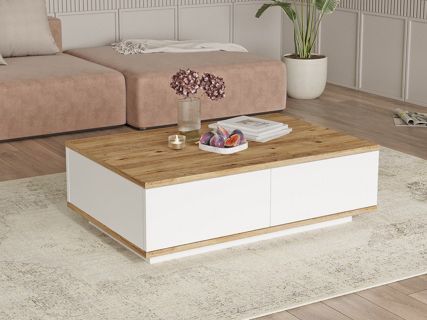 Table basse avec 2 portes - Naturel et Blanc - LOTULA - 4