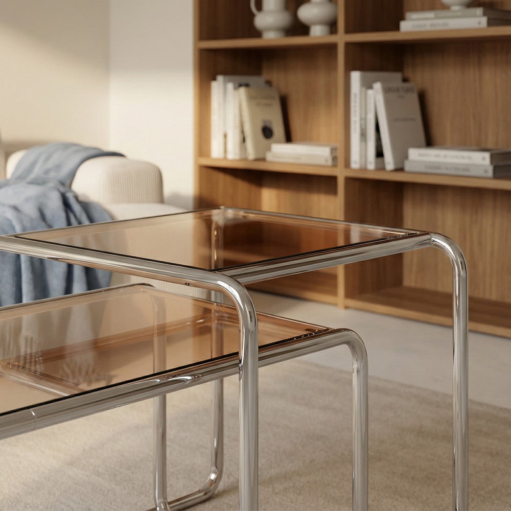 Rika - Table basse en verre pieds chrome L80cm- Verre ambré - 9