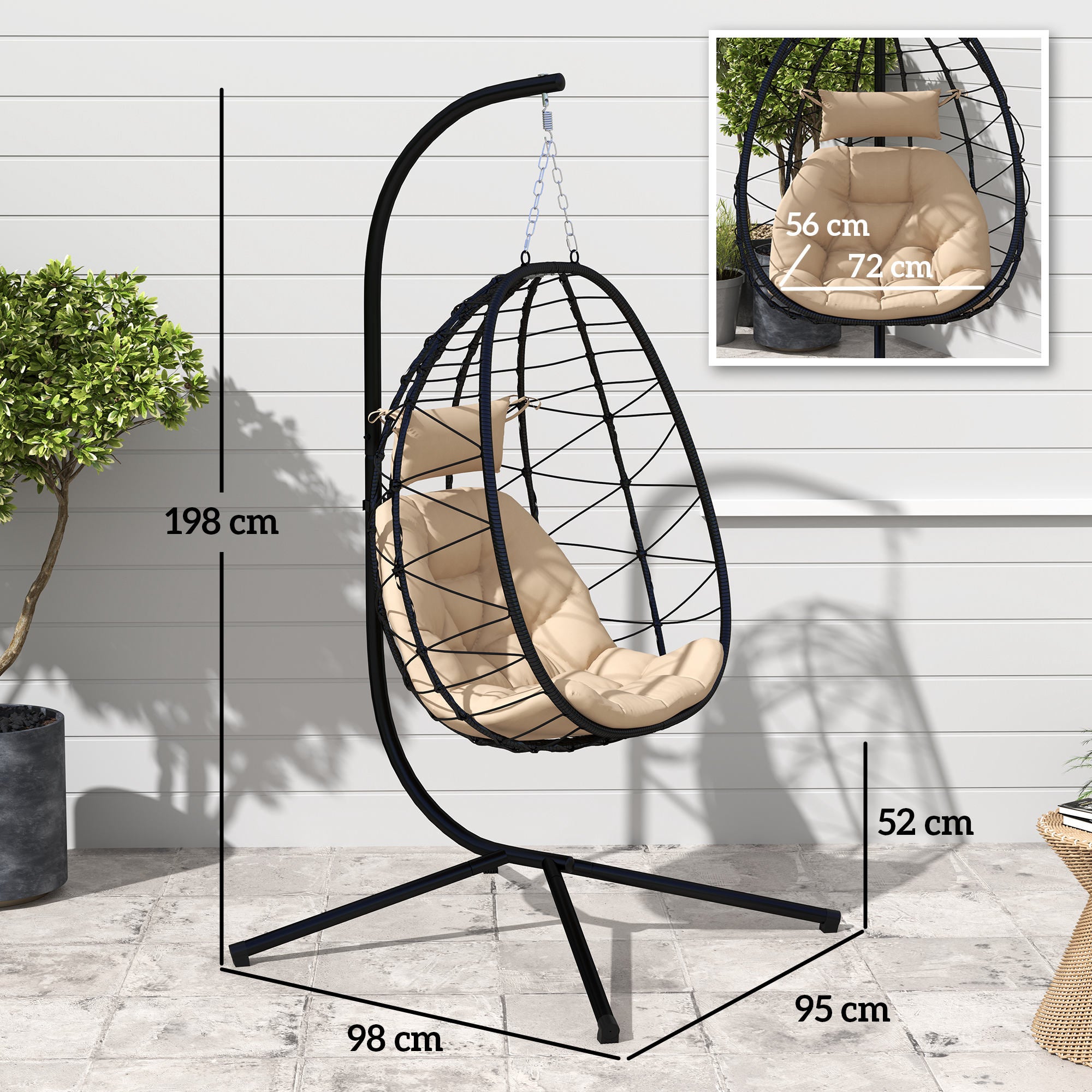 Cadeira Suspensa Outsunny Aço e Poliéster Cáqui 98x95x198 cm - 3