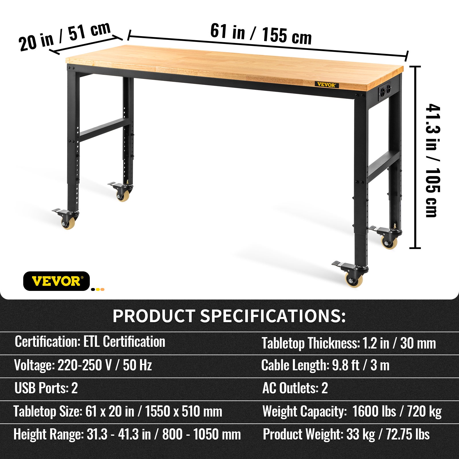 Etabli Garage Atelier Table VEVOR de Travail 155x51x105 cm Hauteur Reglable 80-105 cm, Etabli Plateau en Bois Chene Cadre en Acier, Etabli Multifoncti - 7