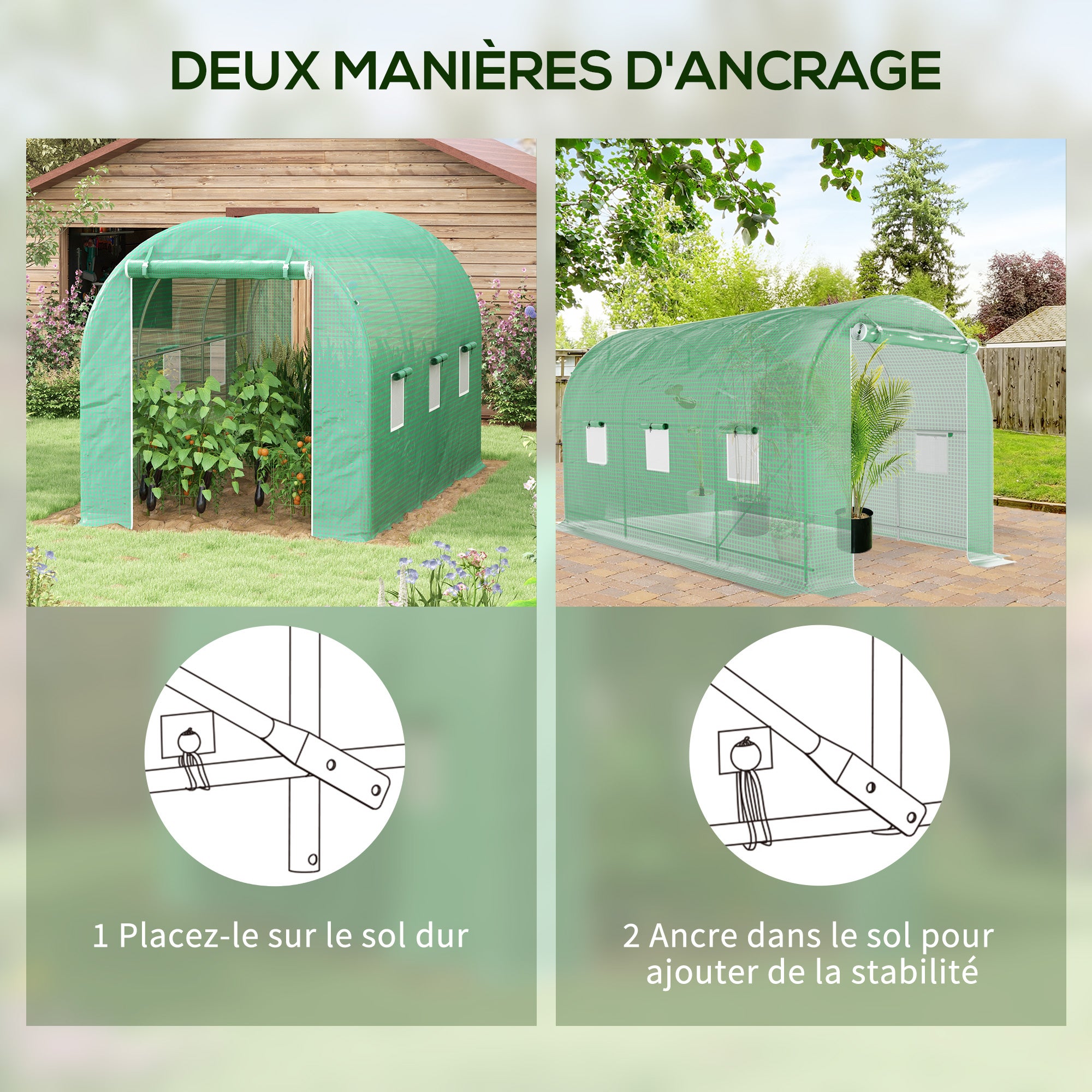 Serre de Jardin Tunnel Surface Sol 8 m² 4L x 2l x 2,05H m châssis Tubulaire Porte zippée 6 fenêtres enroulables vert - 8