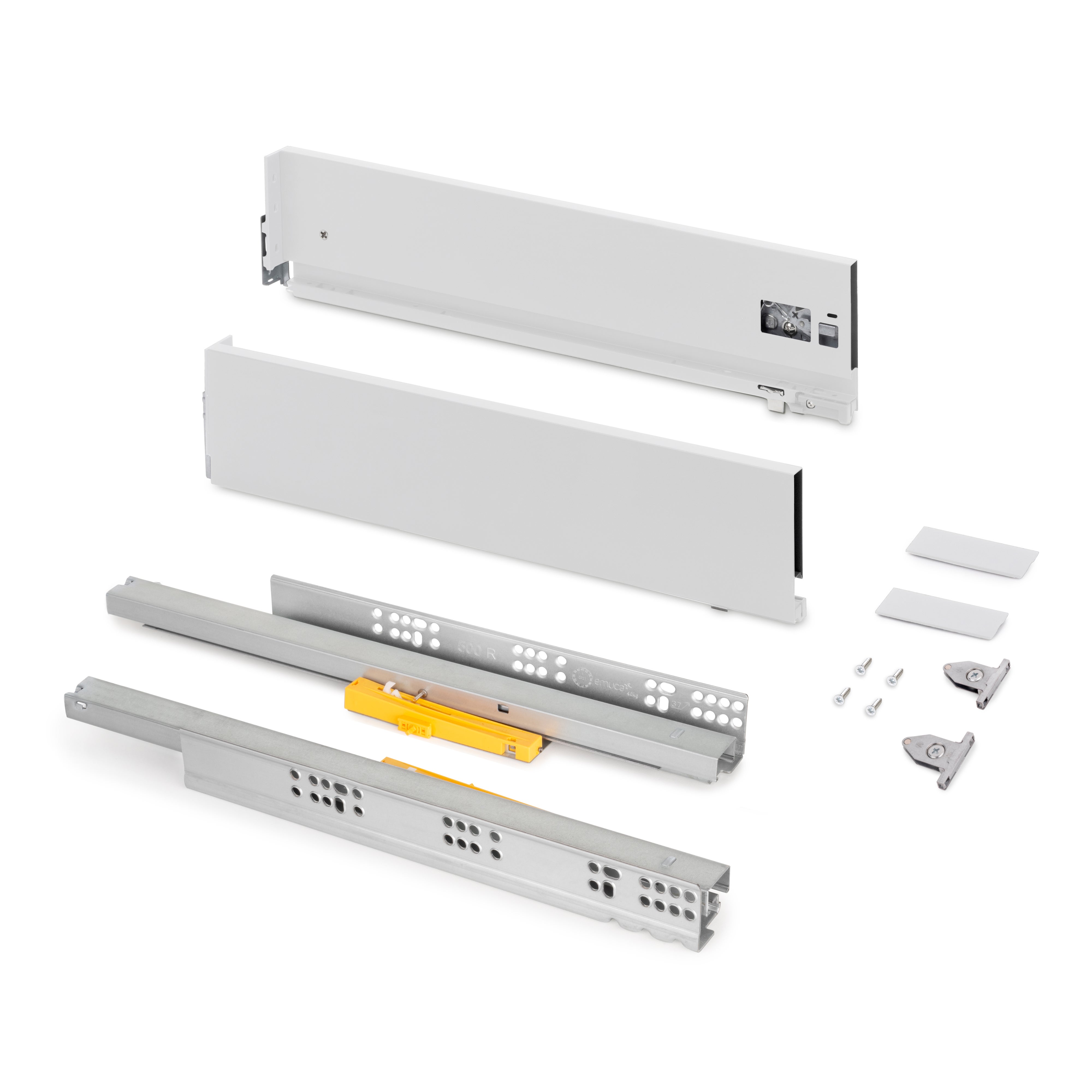 Emuca Szuflada zewnętrzna Vertex z systemem Push Synchro z regulacją 3D, wysokość 131mm, 40kg, głębokość 450 mm, Stal, Malowany na biało