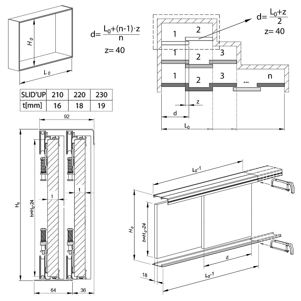 Kit SLID'UP 230 aluminium anodisé naturel pour 3 portes de placard coulissantes 19 mm - rail 2,7 m - 70 kg - 5