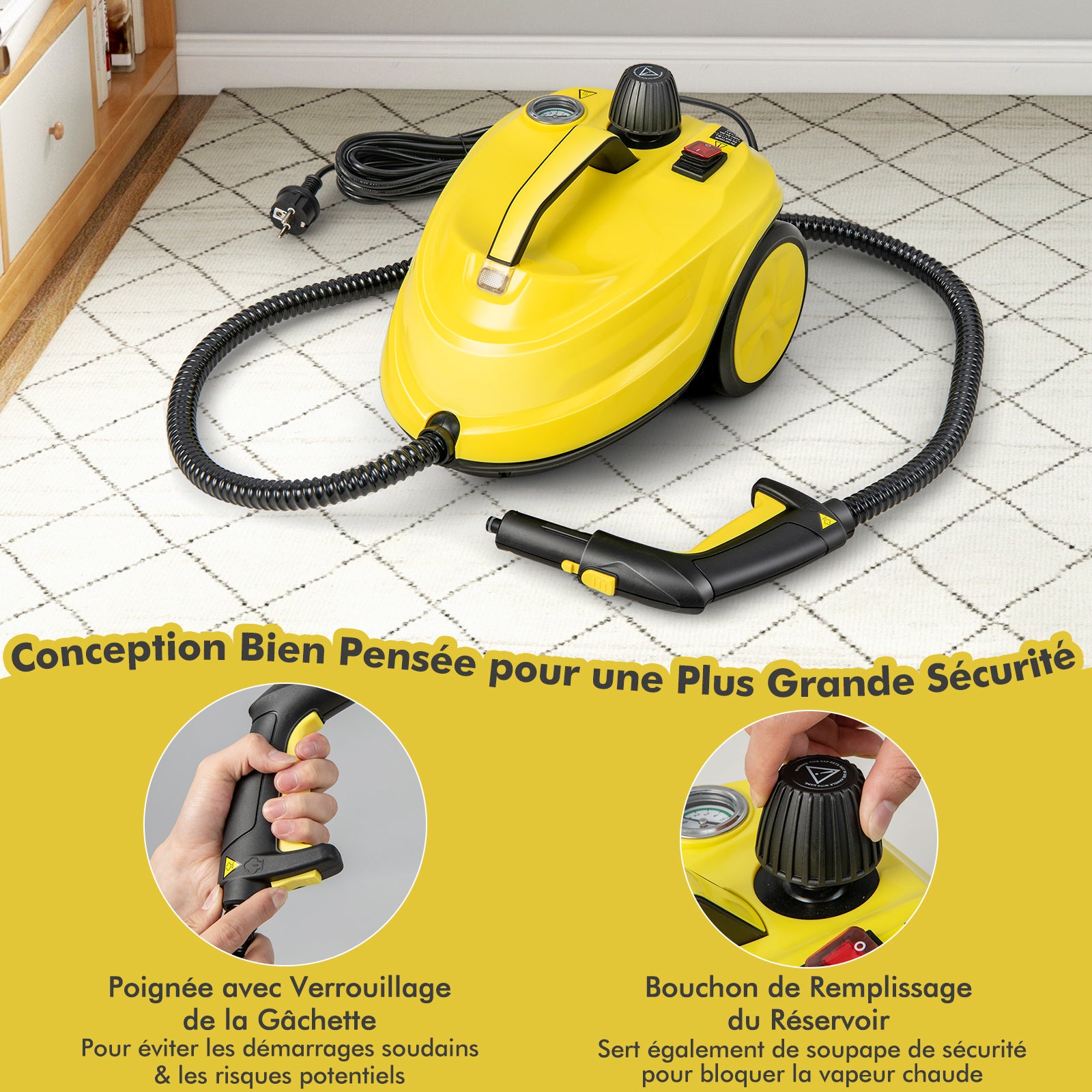 Nettoyeur Vapeur Polyvalent de 2000W avec 15 Accessoires et Manomètres, Balai Vapeur à Roulettes 5 Bars avec Réservoir de 1,8 L, Jaune - 6