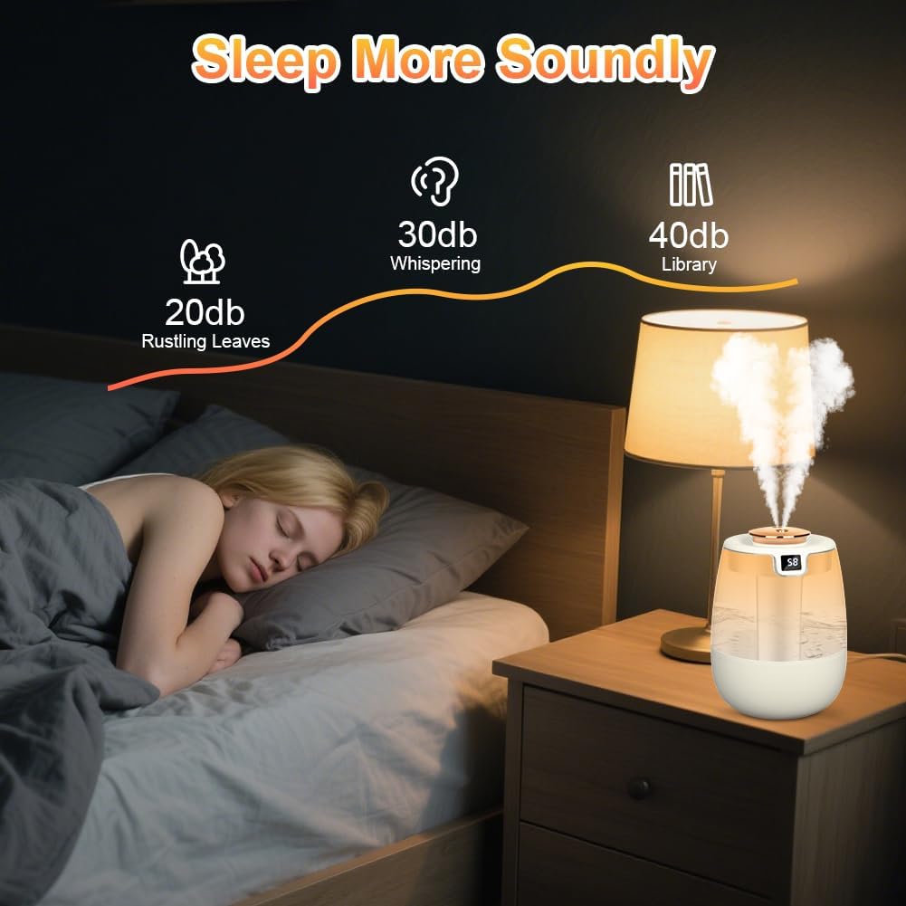 Umidificador de ar, umidificador de ar para quarto de 2 litros com visor inteligente de umidade, ultrassilencioso de 20 dB, bateria com duração de 2 - 4