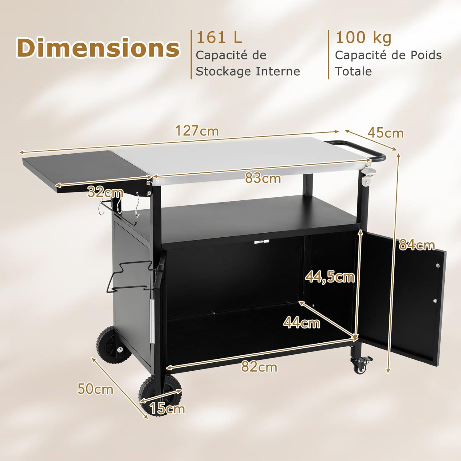 Desserte Jardin pour Plancha Barbecue 3 Niveaux, Îlot Cuisine avec Plan de Travail Pliant,Porte-Serviettes,Charge 100KG,127x50x84CM - 8
