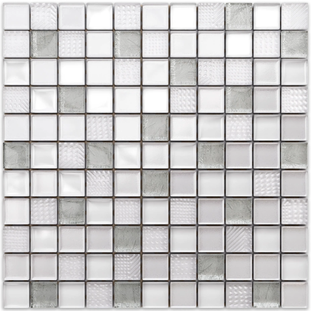 Mosaico in vetro su rete per bagno o cucina 30cm x 30cm - Crushed white silver