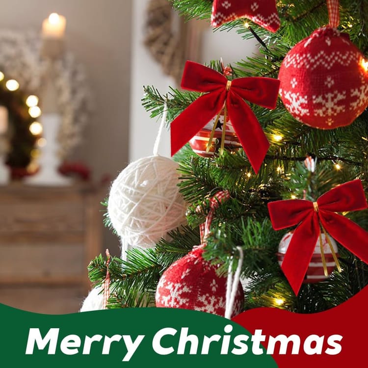 Lot de 24 décorations de Noël pour sapin et maison, nœuds en velours rouge et rubans dorés (rouge) - 5