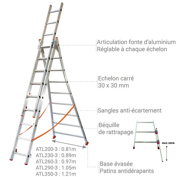 Echelle transformable 3x7 barreaux - Longueur déployée 4,26m - Sol plat ou escalier - ATL200-3/BR - 3