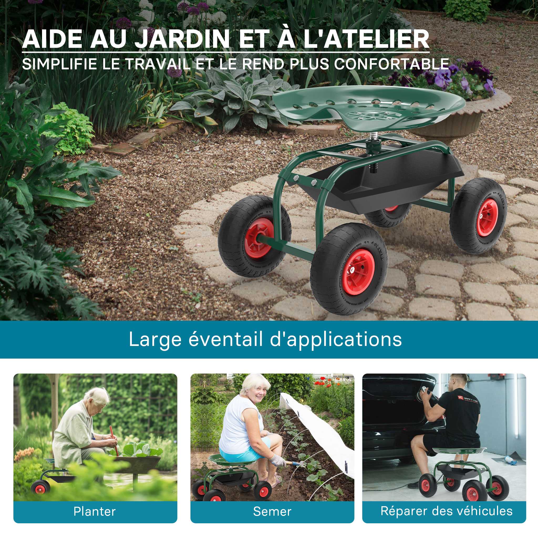 Siège de jardin sur larges roues Charge 150kg max. Chariot coulissant Jardinage Repose-genoux - 8