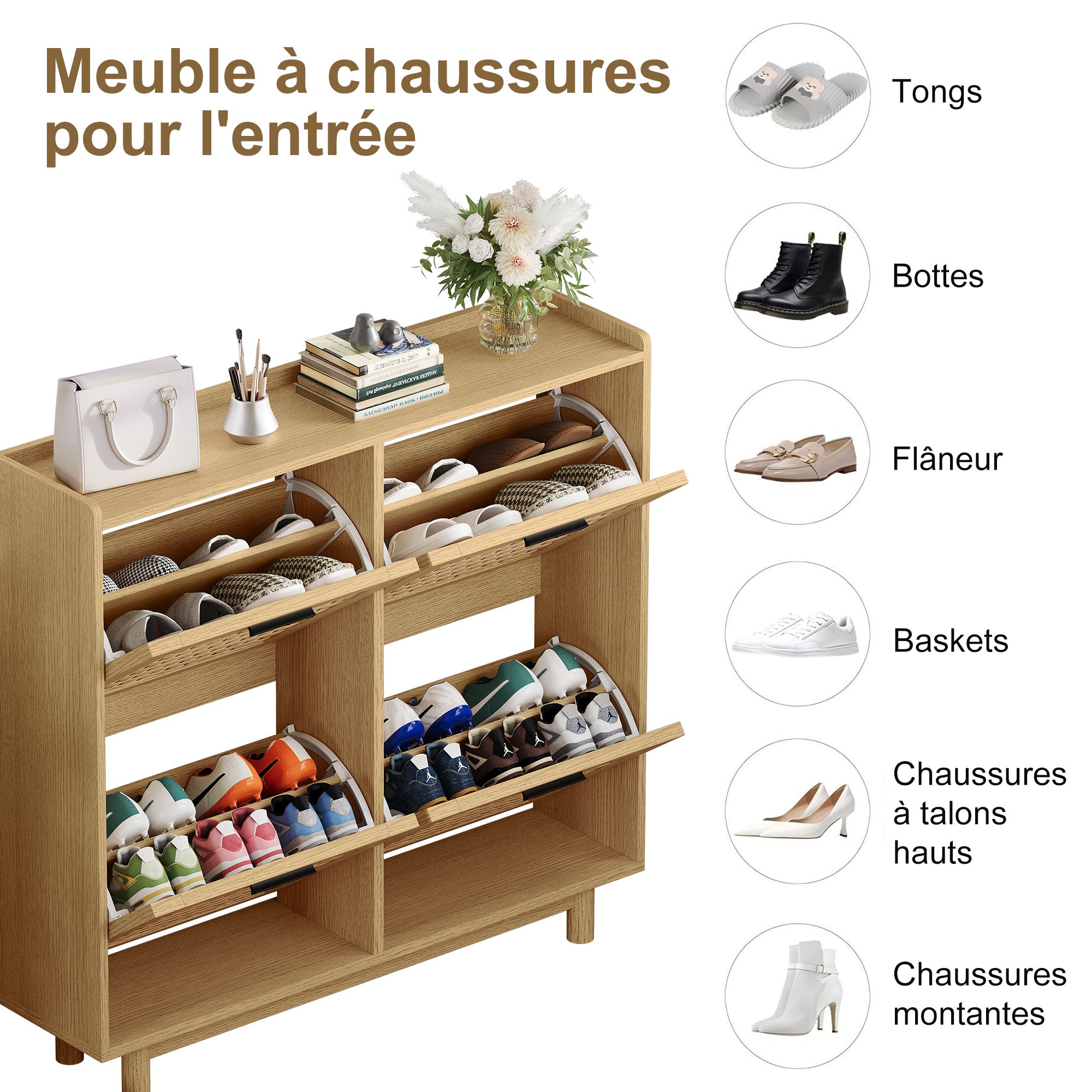Meuble à Chaussures, Armoire à Chaussures Entree avec 4 Porte en Rotin, Meuble de Rangement à Chaussures Armoire pour Entrée, Couloir et Chambre, Bois - 4