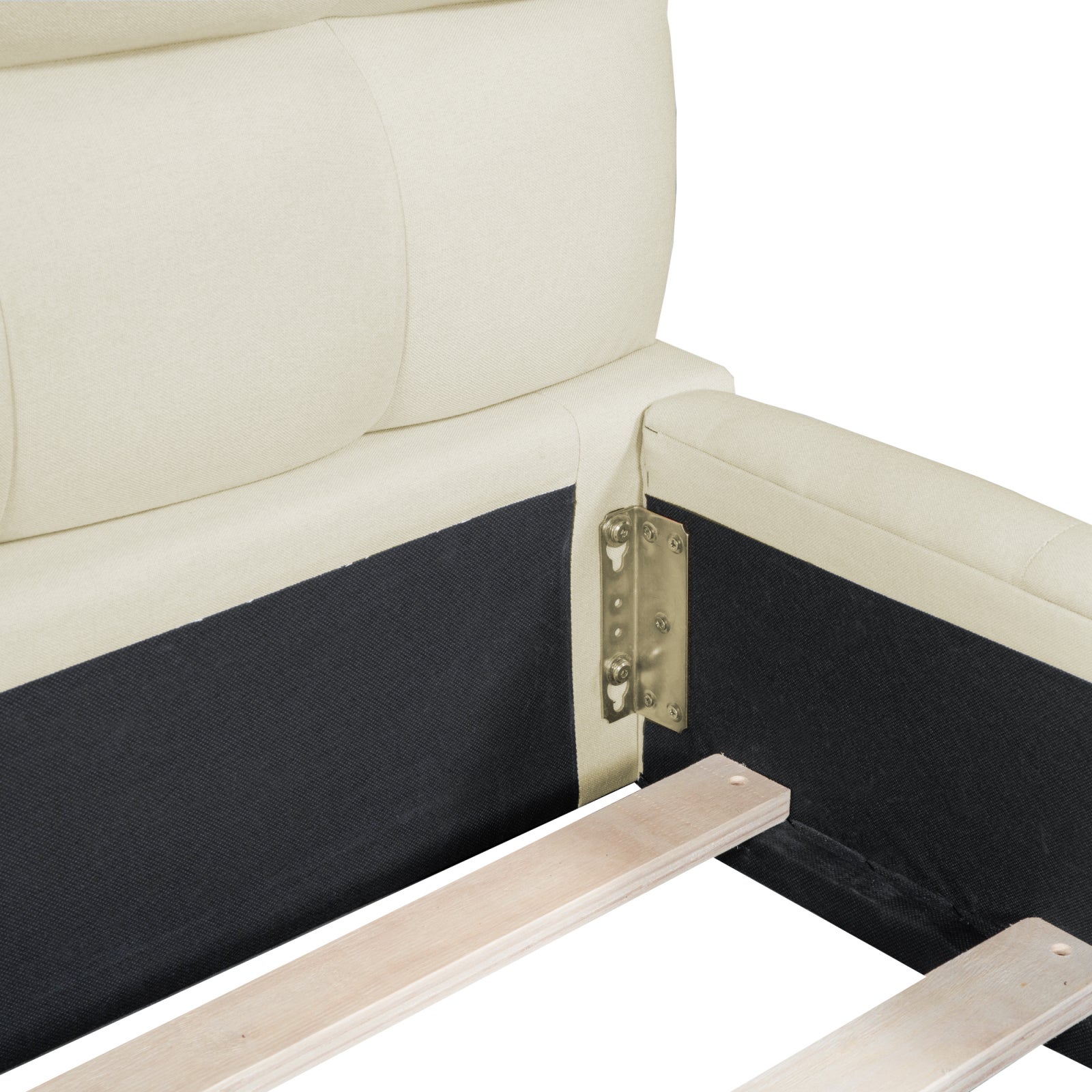 Lit adulte 140x190cm en lin avec dossier moelleux, Lit plat avec sommier à lattes, beige - 5