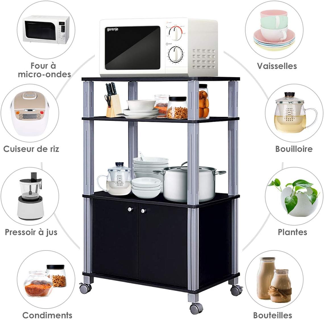 Etagere de Cuisine, Etagere de Micro-Ondes et Four en MDF Robuste, Meuble Rangement a roulettes avec Tiroir et 2 Etageres Ouvertes (Noir) - 3