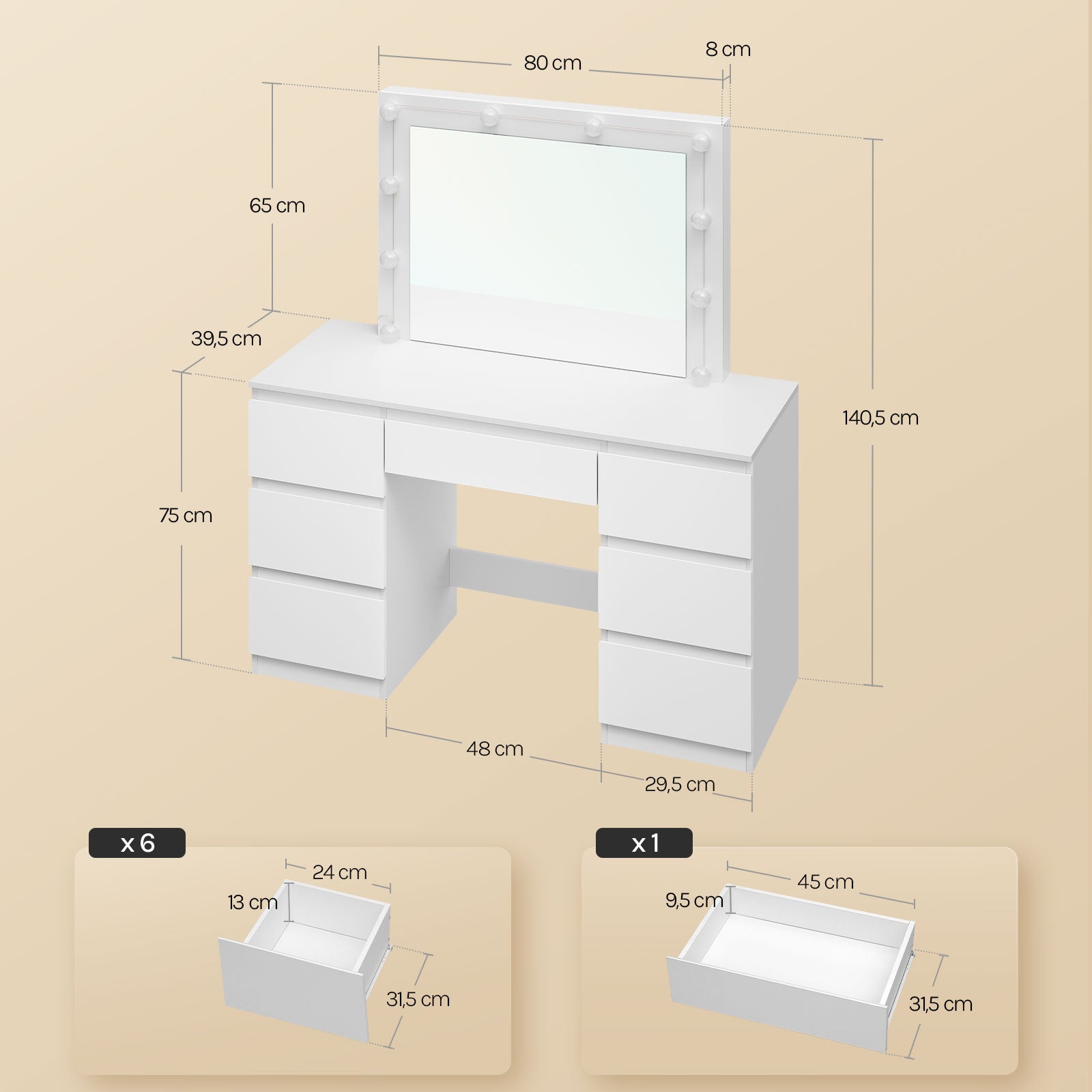 Coiffeuse avec miroir LED en Bois Blanc H. 140.5 x l. 39.5 x P. 39.5 cm - 4