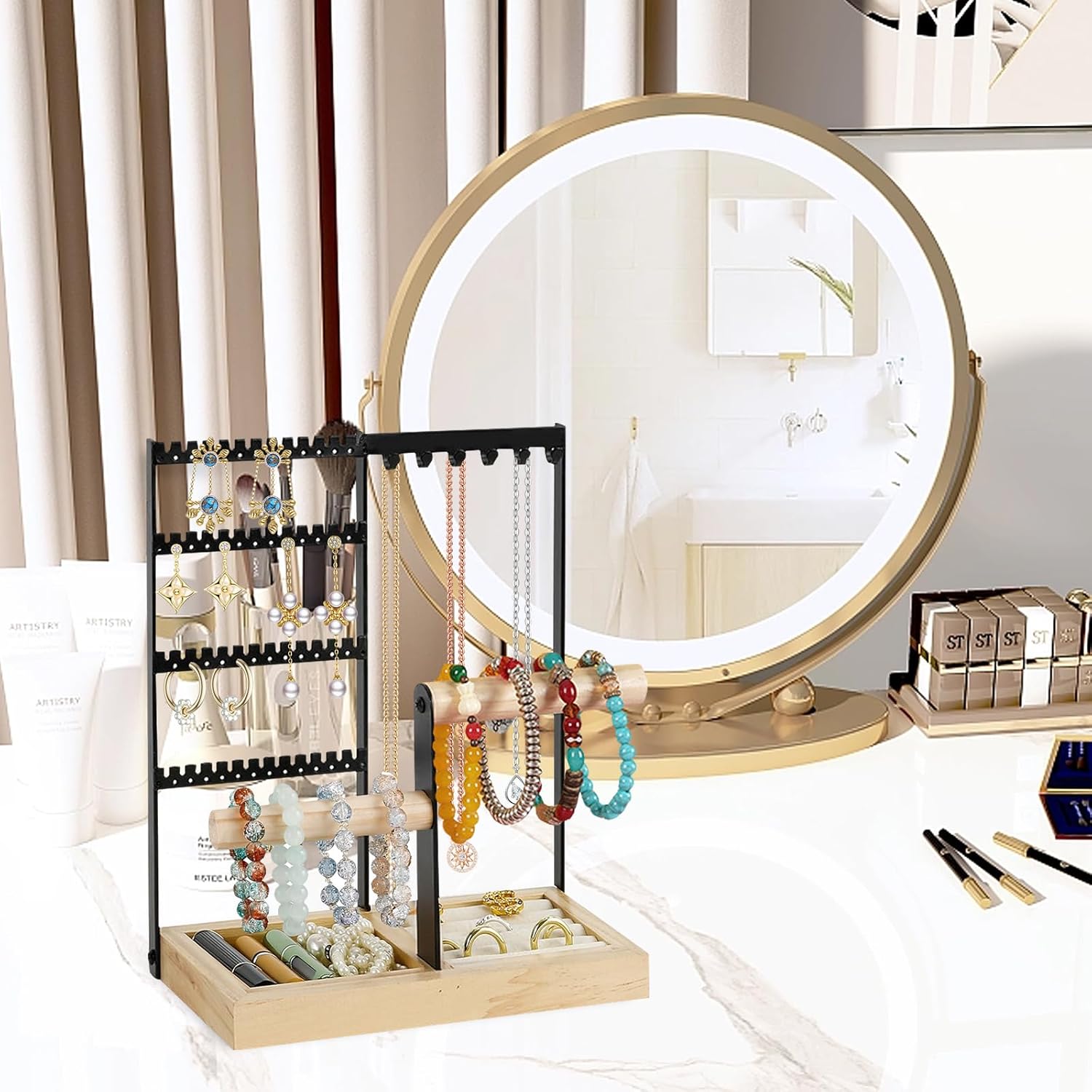 Porte Bijoux Présentoir à Bijoux en Metal et Bois Durable,Porte-Bijoux avec Plateau et Crochets,porte collier,Rangement Bijoux pour Chaînes - 3