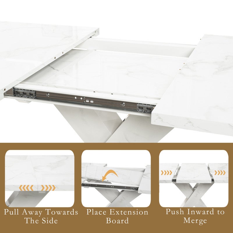 Table a Manger Extensible rectangulaire 120-160cm,Table de Bar Extensible avec plateau en marbre blanc imprimé et pieds en X - 2