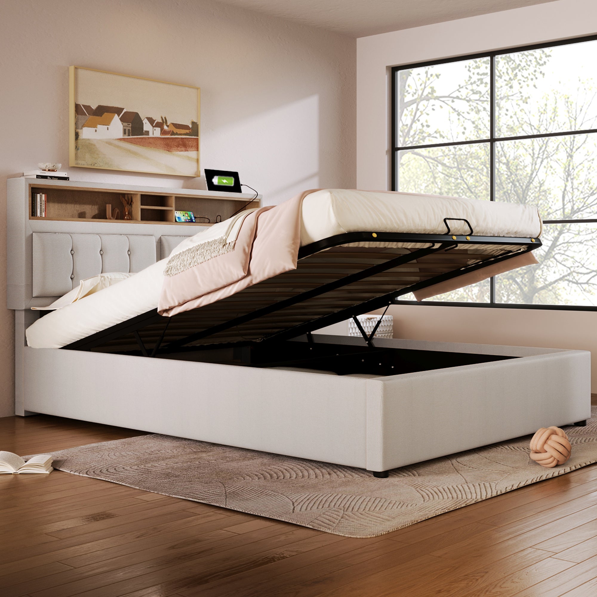 Lit coffre 160 x 200 cm avec tête de lit rangement - USB - tissu en lin - beige - 8