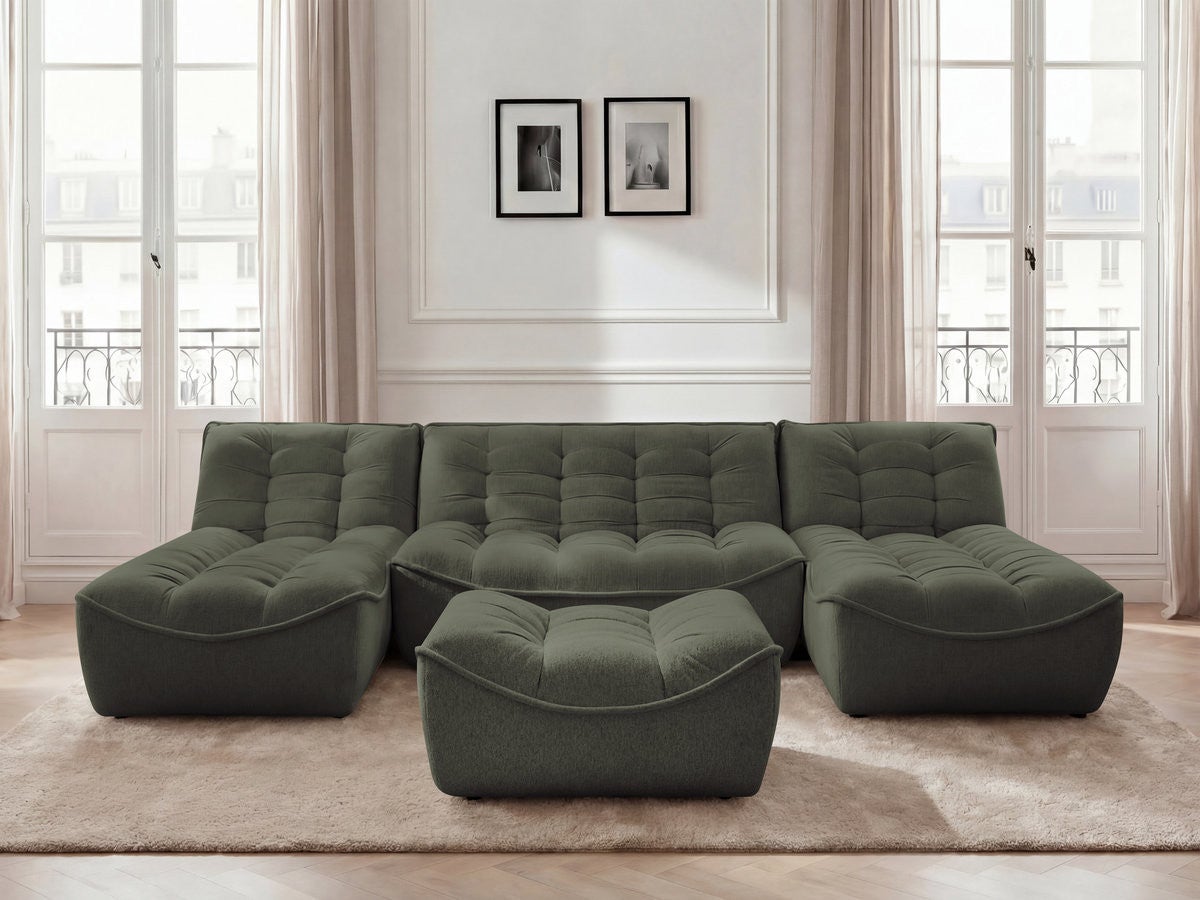 BOBOCHIC Canapé panoramique fixe modulable SERENA tissu chiné avec pouf Vert - 3