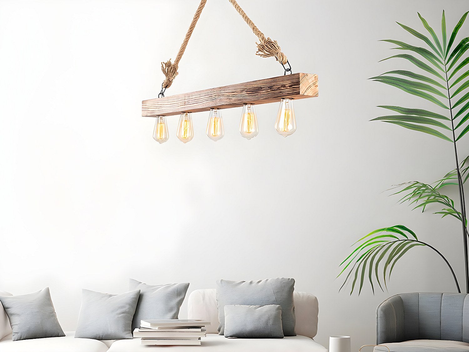 Lustre en bois - 5 lampes - L. 100 x H. 53 cm - Coloris naturel - EREBOS - 3