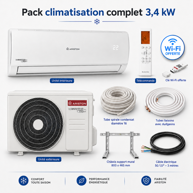 Pack climatisation monosplit Alys Prios Ariston 3,4 kW + kit installation