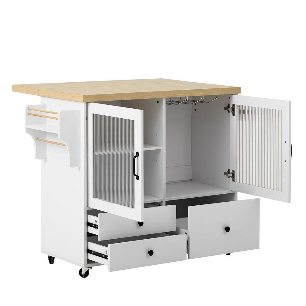 Îlot de cuisine mobile avec table à rallonge et roulettes, chariot avec porte-verres à vin et rangement, blanc - 5