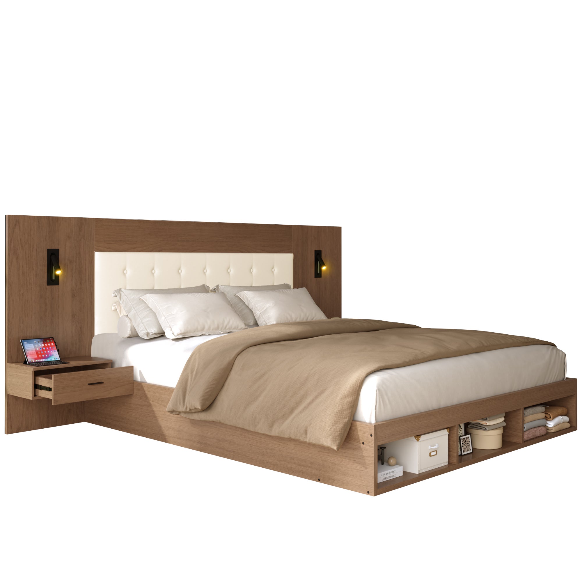Lit Double 180x200 avec USB et lampe de lecture, Lit Coffre avec 2 tables de chevet, Cadre de lit en Bois Noyer(Sans Matelas) - 9