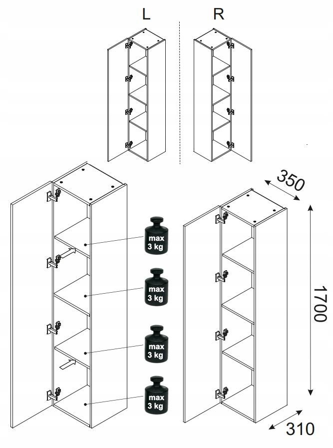 Słupek łazienkowy OCEAN 170 cm czarny dąb olejowany front 3D MDF wiszący 1 drzwi - 2