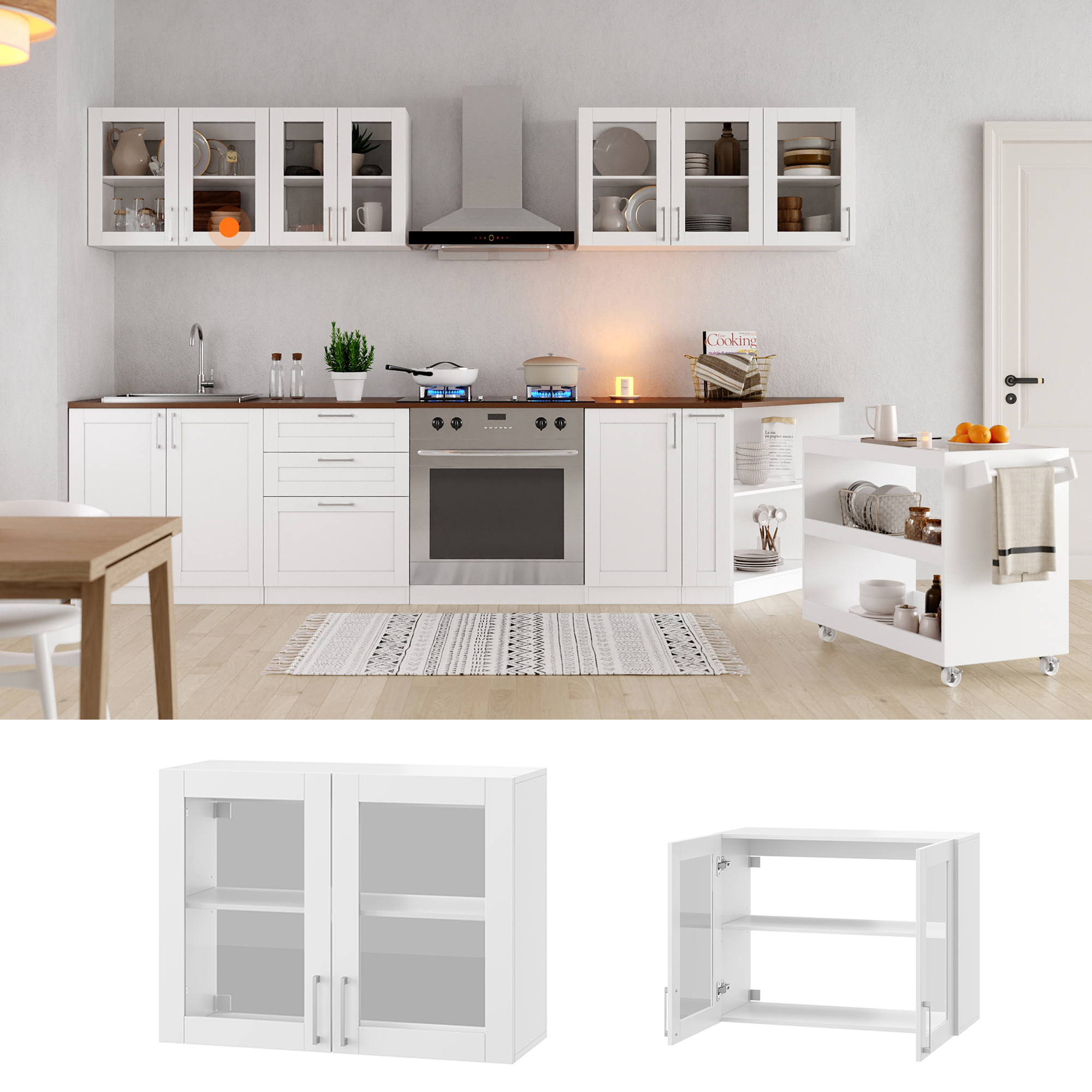 Meuble Haut de Cuisine avec 2 Portes en Verre, Armoire Murale de Cuisine avec Étagère réglable, 80 x 31.5 x 60cm, Blanc - 4