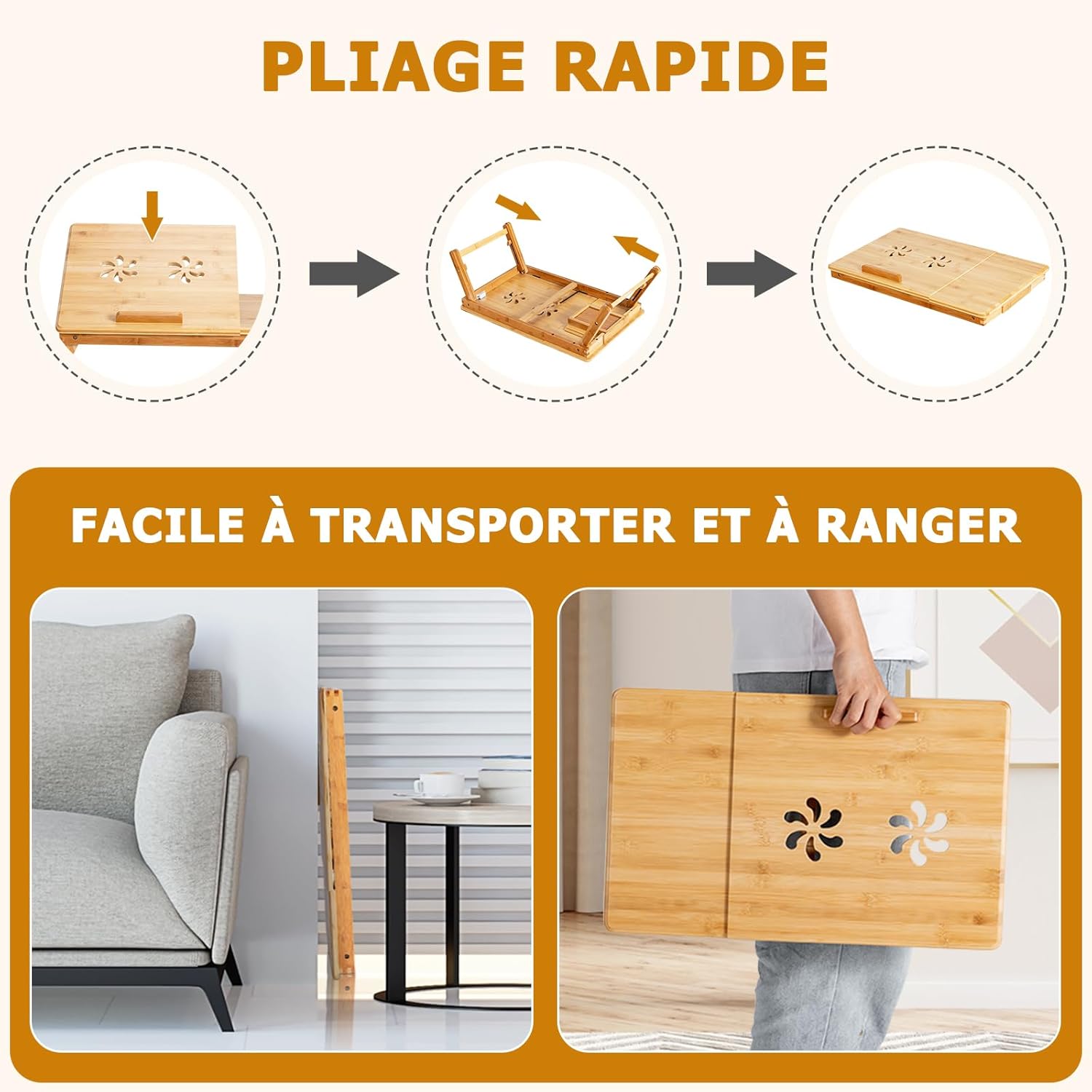 Table de Lit Pliable, Hauteur Réglable, Plateau Inclinable à 4 Niveaux, Bureau d'Ordinateur en Bambou avec Trous de Ventilation, Tiroir (Naturel) - 5