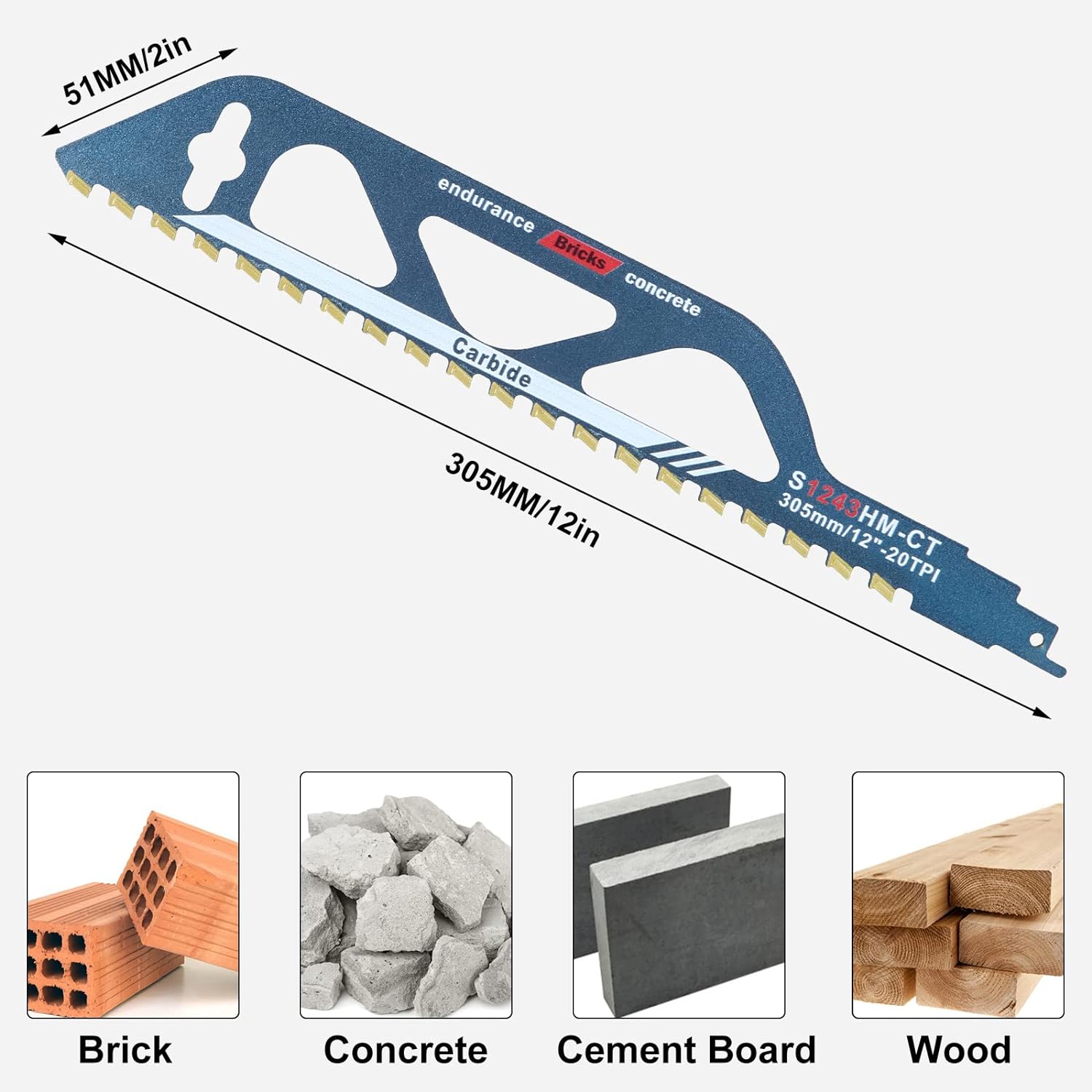 Lame de scie sabre,pierre de scie sabre,en carbure de tungstène,acier métallique,bois, pour béton cellulaire,brique, plaques de ciment et béton, longu - 2