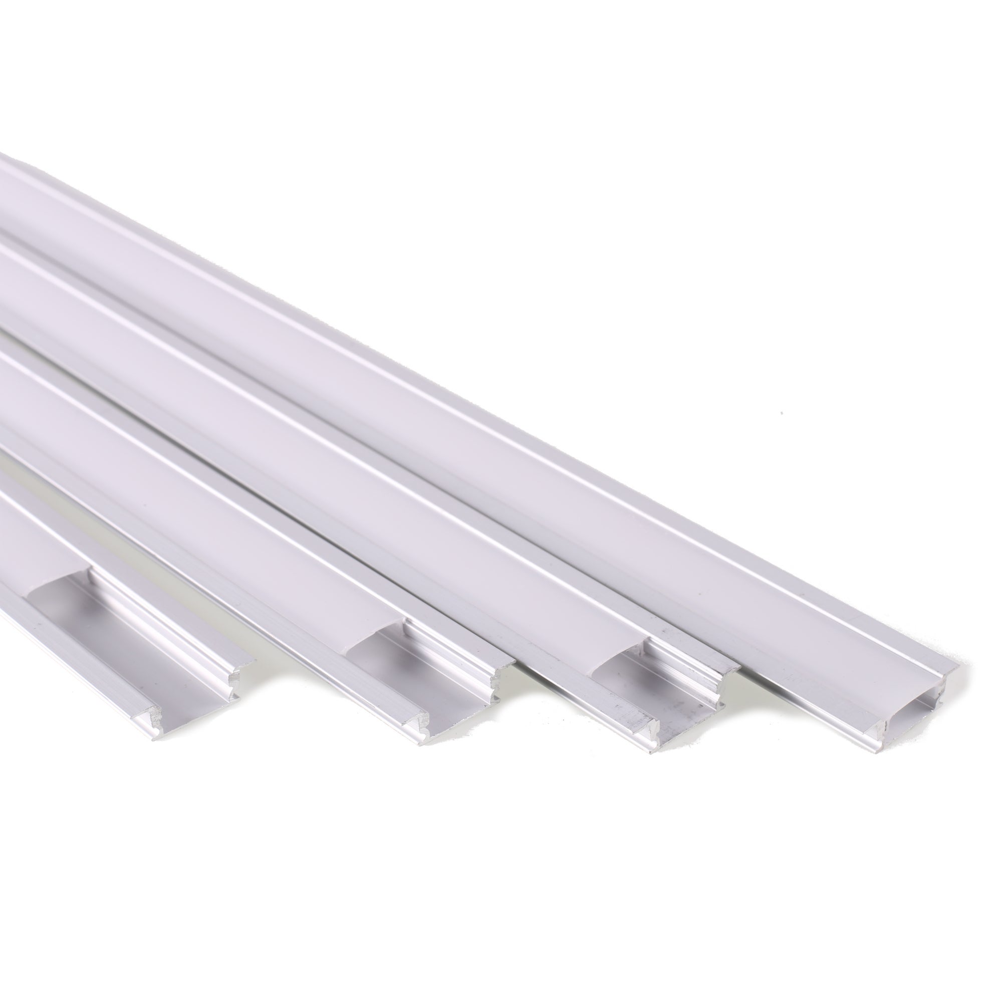 Zestaw 4 profili aluminiowych, 1 metr, do wpuszczanych taśm LED, dyfuzor do oświetlenia LED z okrągłą półprzezroczystą osłoną (zawiera zaślepki)