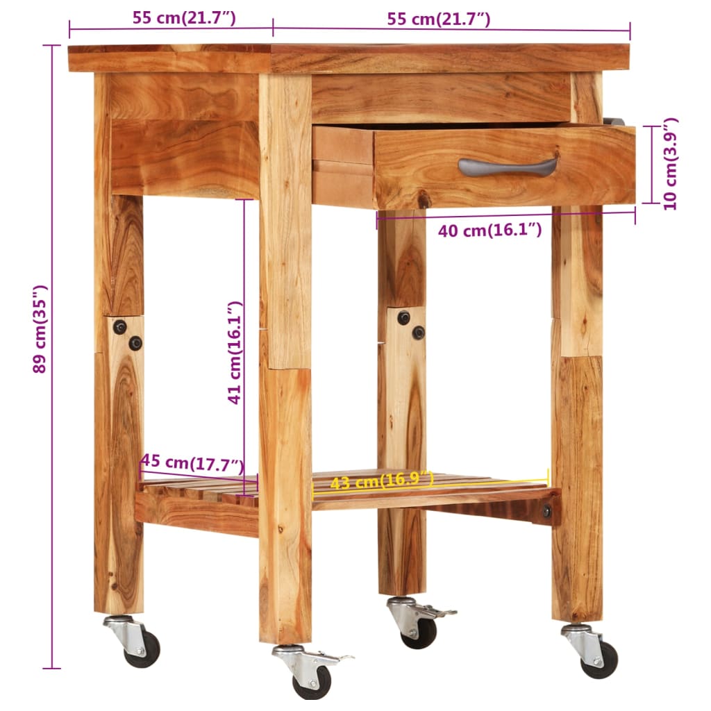 Chariot de cuisine 55x55x89 cm bois massif d'acacia vidaXL - 3