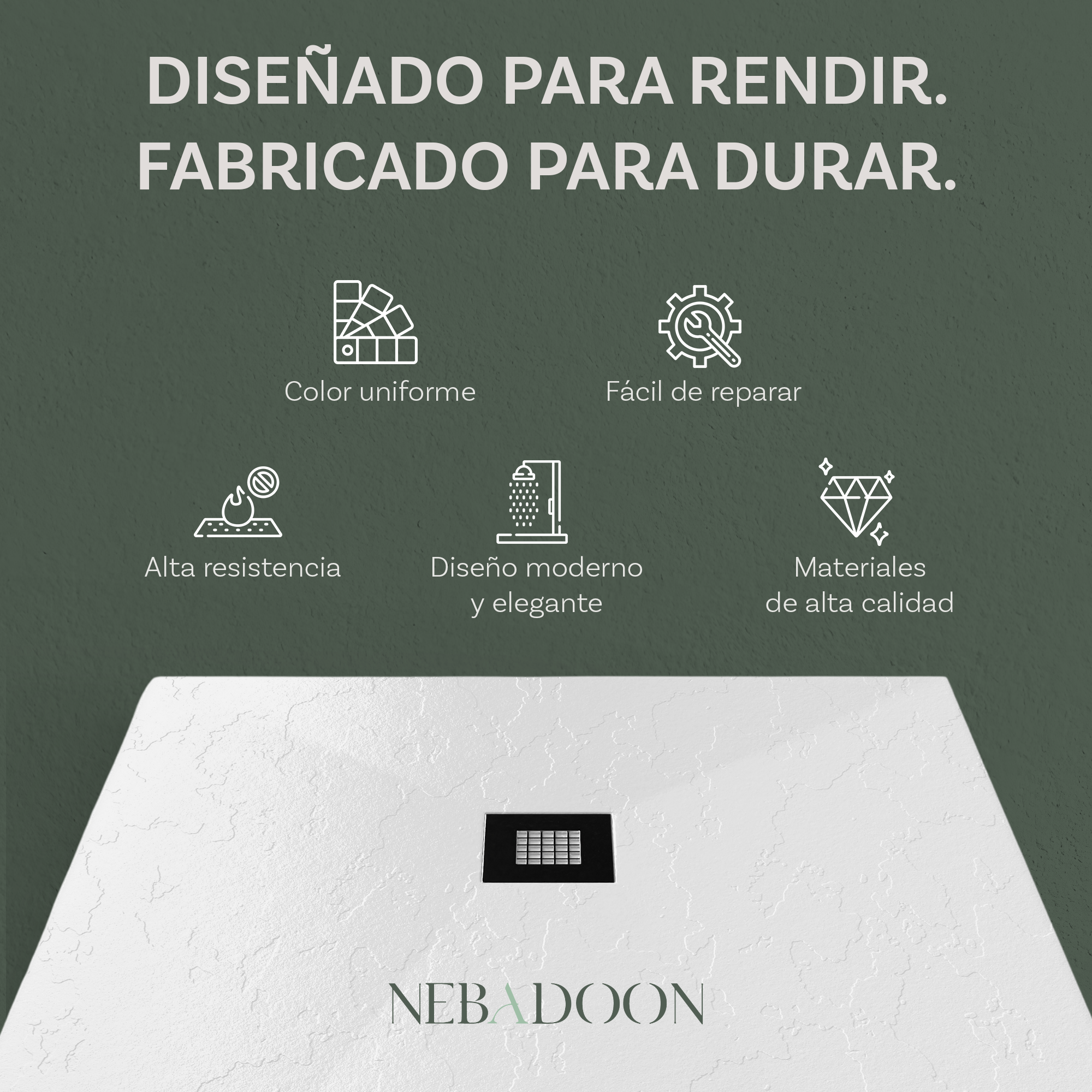 NEBADOON | Plato Ducha de Resina Modelo Roma - Textura Pizarra Antideslizante – Blanco (RAL 9003) 70x70cm – Incluye Válvula Desagüe y Rejilla - 4