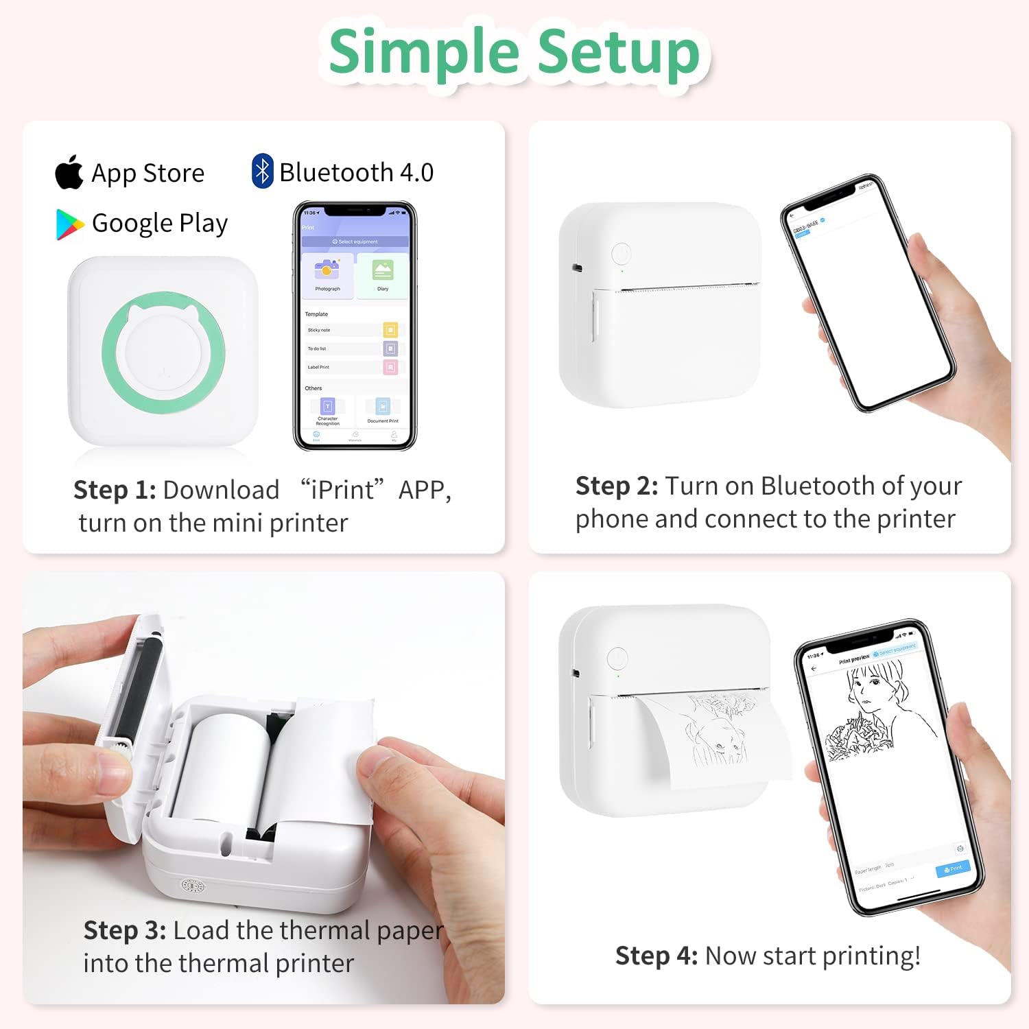 Mini stampante termica, stampante Bluetooth portatile senza inchiostro con 5 rotoli di adesivi e 5 rotoli di carta termica | Leroy Merlin