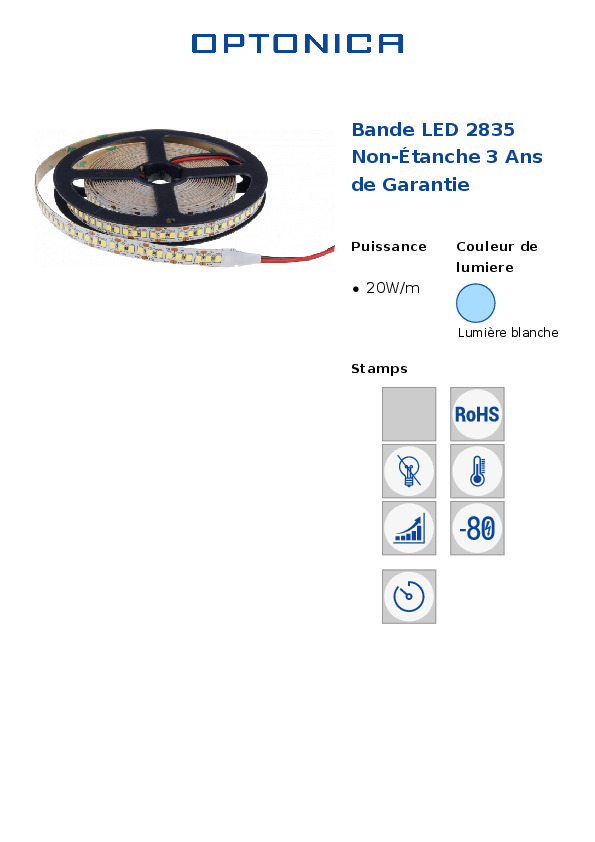 Banda a LED 2835 - 20W / m - 2100LM / m - 6000K - 12V - 5M - dimmerabile - Optonica - 8